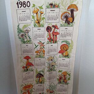 80s Vintage MCM Mushroom kitchen prayer linen cotton tea towels wall art forest
